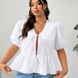 Blusa de a grande para mujer con mangas cortas abullonadas, unicolor de verano, lazo frontal y dobladillo con volantes