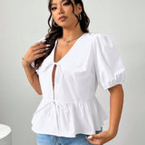 Blusa de a grande para mujer con mangas cortas abullonadas, unicolor de verano, lazo frontal y dobladillo con volantes