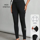 Tall Pantalones negros ajustados elasticos con cintura alta, bolsillos con solapa y pantalones ajustados laterales.