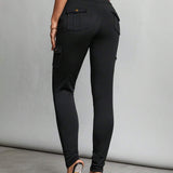 Tall Pantalones negros ajustados elasticos con cintura alta, bolsillos con solapa y pantalones ajustados laterales.