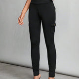 Tall Pantalones negros ajustados elasticos con cintura alta, bolsillos con solapa y pantalones ajustados laterales.