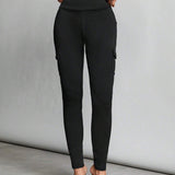 Tall Pantalones negros ajustados elasticos con cintura alta, bolsillos con solapa y pantalones ajustados laterales.