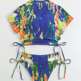 Swim SXY Conjunto de traje de bano para mujer con cordon y pantalones cortos de natacion para vacaciones en la playa, estampado aleatorio