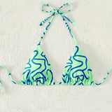 Swim Top de bikini estampado con cuello halter para vacaciones, estampado al azar