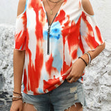 Camisa casual de verano con cremallera, estampado de tie-dye y detalle de huecos