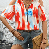 Camisa casual de verano con cremallera, estampado de tie-dye y detalle de huecos