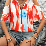 Camisa casual de verano con cremallera, estampado de tie-dye y detalle de huecos