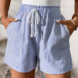 LUNE Shorts de mujer a rayas azules y blancas con cintura elastica y doble bolsillo, para el verano