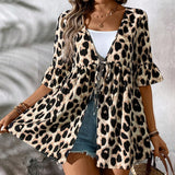 Blusa veraniega con un estampado de leopardo suelto y mangas abullonadas, ideal para vacaciones y viajes