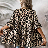 Blusa veraniega con un estampado de leopardo suelto y mangas abullonadas, ideal para vacaciones y viajes