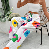 VCAY Pantalones largos de pierna ancha de talle alto con estampado floral para vacaciones y tiempo libre