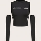 Coolane Cubierta de manga deportiva con impresion digital y panel de contraste en los costados, camiConjuntoa ajustada para mujer, verano