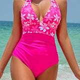 VCAY Traje de bano de una pieza sin mangas con cuello halter para mujer, estampado al azar, ideal para la playa en verano