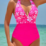 VCAY Traje de bano de una pieza sin mangas con cuello halter para mujer, estampado al azar, ideal para la playa en verano