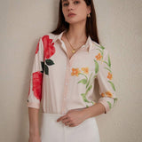 Camisa floral de moda para mujeres, estilo maduro con flores grandes, cuello de solapa y mangas de siete cuartos