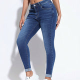 PETITE Jeans casuales de mujer con ajuste cenido, dobladillo enrollado y bolsillos