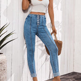 VCAY Pantalones Jeans de mujer casuales con boton delantero y ajuste delgado