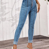 VCAY Pantalones Jeans de mujer casuales con boton delantero y ajuste delgado