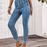 VCAY Pantalones Jeans de mujer casuales con boton delantero y ajuste delgado