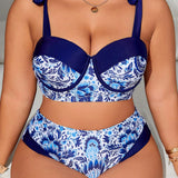 Swim Curve Traje de bano de talla grande con empalme impreso y cordones con bikini, estampado aleatorio