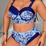 Swim Curve Traje de bano de talla grande con empalme impreso y cordones con bikini, estampado aleatorio