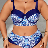 Swim Curve Traje de bano de talla grande con empalme impreso y cordones con bikini, estampado aleatorio