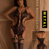 Bodystocking erotico, camiConjuntoa de malla ahuecada de jacquard sin espalda, Bodystocking y lenceria sexy para mujeres