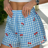 EZwear Shorts de verano informales para mujer con estampado de cerezas a cuadros