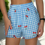 EZwear Shorts de verano informales para mujer con estampado de cerezas a cuadros
