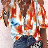 Camisa casual de verano con cremallera, estampado de tie-dye y detalle de huecos