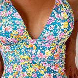 Traje de bano de una pieza de cuello en V profundo con estampado floral para mujer para vacaciones