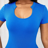 Lady Body azul ajustado de cuello en V, ropa de otono