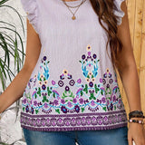 Blusa de a grande con estampado floral de rayas para vacaciones y ocasiones casuales con ribete de volantes