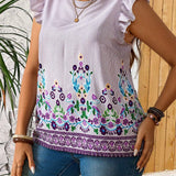 Blusa de a grande con estampado floral de rayas para vacaciones y ocasiones casuales con ribete de volantes