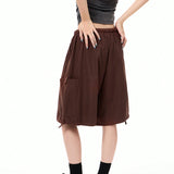 Coolane Pantalones cortos de trabajo holgados y frescos de estilo callejero para mujer con cintura baja, piernas anchas, bolsillos laterales y entrepierna de 5 pulgadas