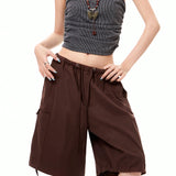Coolane Pantalones cortos de trabajo holgados y frescos de estilo callejero para mujer con cintura baja, piernas anchas, bolsillos laterales y entrepierna de 5 pulgadas