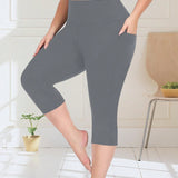 Leggings de capri de talla grande con bolsillos, pantalones de yoga de cintura alta cortos, mallas de 3/4 de longitud activas para correr, ejercicio y fitness para mujeres