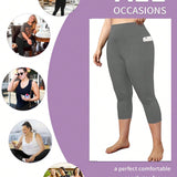 Leggings de capri de talla grande con bolsillos, pantalones de yoga de cintura alta cortos, mallas de 3/4 de longitud activas para correr, ejercicio y fitness para mujeres