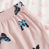 Juego de pijama de 3 piezas para mujeres con estampado de mariposas (incluye pantalones)