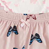 Juego de pijama de 3 piezas para mujeres con estampado de mariposas (incluye pantalones)