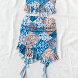 WYWH Conjunto de top y falda corta para mujer, sin tirantes, con borde de volantes con dobladillo asimetrico y estampado floral para vacaciones
