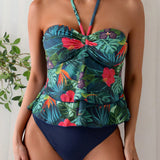 Swim Vcay Conjunto de bikini de dos piezas con estampado de plantas tropicales en la parte superior con cuello halter y Bottom de triangulo de un solo color