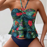 Swim Vcay Conjunto de bikini de dos piezas con estampado de plantas tropicales en la parte superior con cuello halter y Bottom de triangulo de un solo color