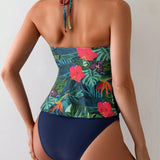 Swim Vcay Conjunto de bikini de dos piezas con estampado de plantas tropicales en la parte superior con cuello halter y Bottom de triangulo de un solo color