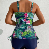 Swim Lushore Conjunto de tankini de verano para vacaciones de playa con impresion de plantas tropicales en camiseta sin mangas de cuello redondo y shorts tipo boxer de unicolor