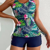 Swim Lushore Conjunto de tankini de verano para vacaciones de playa con impresion de plantas tropicales en camiseta sin mangas de cuello redondo y shorts tipo boxer de unicolor