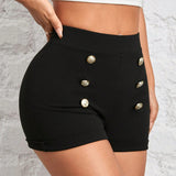 PETITE Shorts negros para mujer con detalle de botones y cintura alta elastica