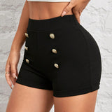 PETITE Shorts negros para mujer con detalle de botones y cintura alta elastica