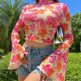 VCAY Blusa de manga acampanada estampada de moda para mujer para vacaciones