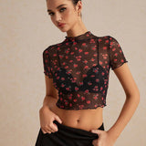 Frenchy Top floral ribete en forma de lechuga de malla transparente sin Brasier